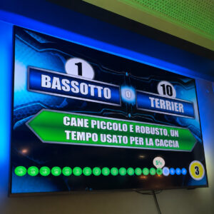 Schermo del Cervellone Quiz Show con domanda quiz su Bassotto e Terrier durante la serata al 140 Grammi di Sestu